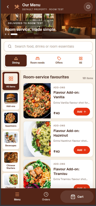 Mobile guest menu and ordering page